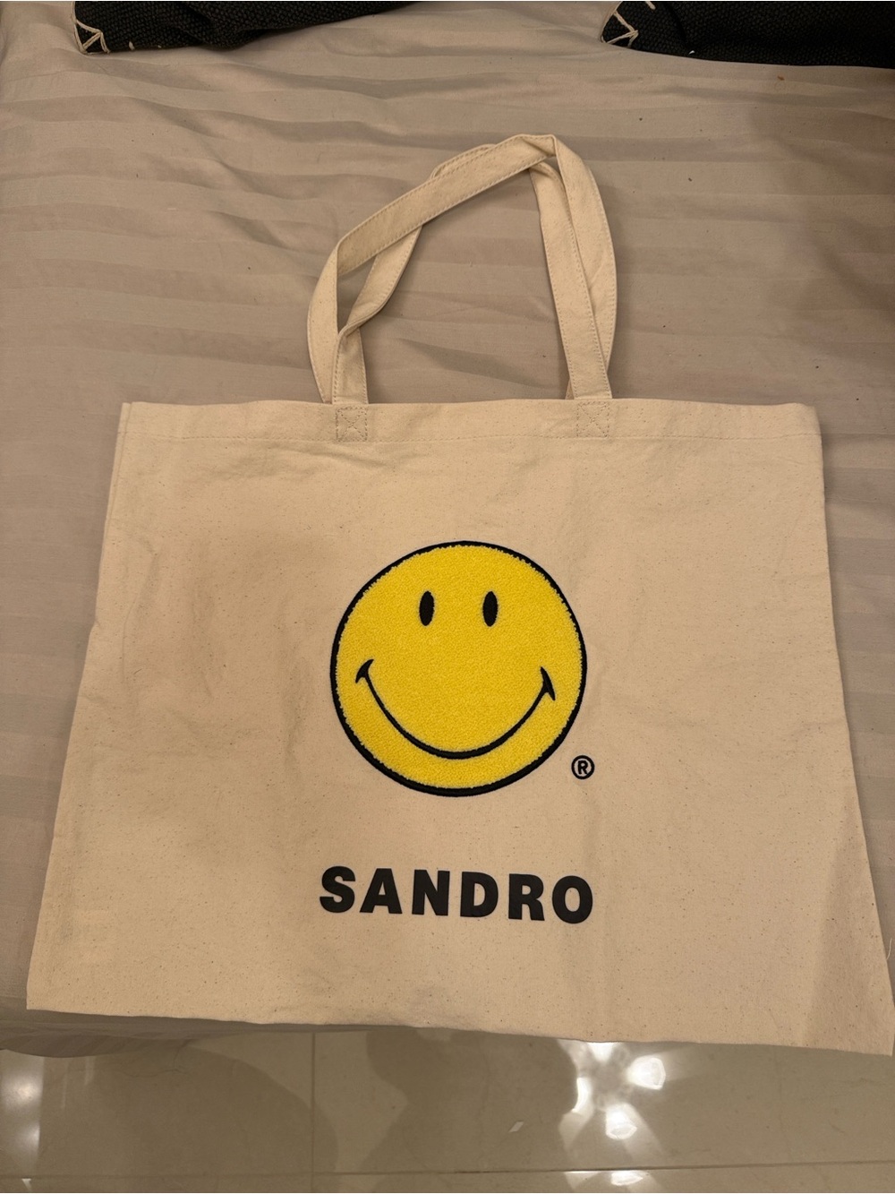 Sandro Cream Canvas Tote with Yellow Smiley